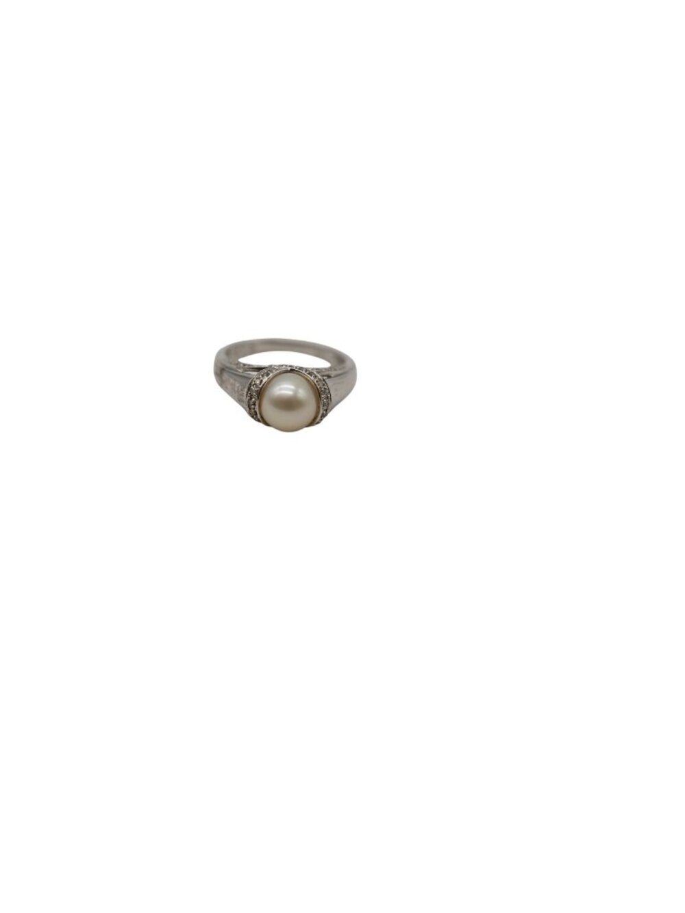 AV 14KT White Gold Pearl Halo Ring Criss Cross Split Shank Accent Stone Jewelry